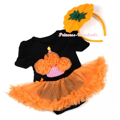 Halloween Black Baby Jumpsuit Orange Pettiskirt With Orange Rosettes Birthday Cake Print With Pumpkin Costume JS1312 