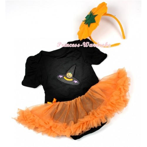 Halloween Black Baby Jumpsuit Orange Pettiskirt With Pumpkin Witch Hat Print With Pumpkin Costume JS1316 