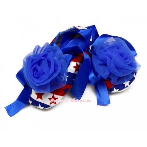 Red White Blue Striped Stars Crib Shoes With Royal Blue Ribbon With Royal Blue Rose S570 