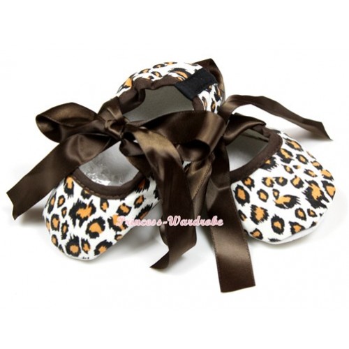 Leopard Crib Shoes With Brown Ribbon S577 