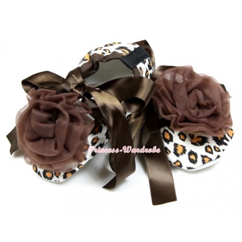 Leopard Crib Shoes With Brown Ribbon With Brown Rose S578 