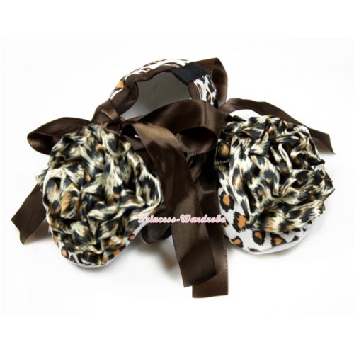 Leopard Crib Shoes With Brown Ribbon With Leopard Rose S580 