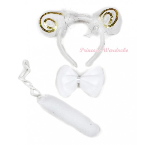 Golden White Sheep 3 Piece Set in Ear Headband, Tie, Tail PC026 