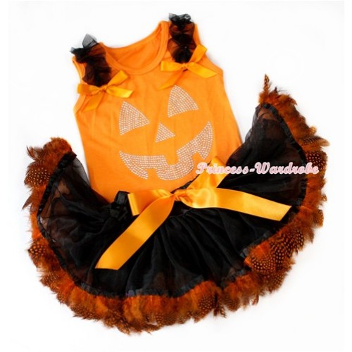 Halloween Orange Baby Pettitop with Sparkle Crystal Glitter Pumpkin Print with Black Ruffles & Orange Bows & Black Orange Feather Newborn Pettiskirt NO08 