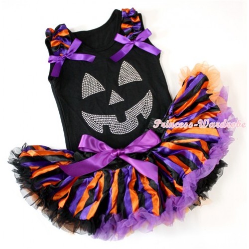 Halloween Black Baby Pettitop with Sparkle Crystal Glitter Pumpkin Print with Dark Purple Orange Black Striped Ruffles & Dark Purple Bow with Dark Purple Orange Black Striped Newborn Pettiskirt NG1223 