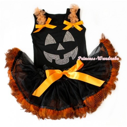 Halloween Black Baby Pettitop with Sparkle Crystal Glitter Pumpkin Print with Orange Ruffles & Orange Bow with Black Orange Feather Newborn Pettiskirt NG1226 