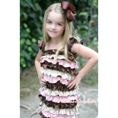 Brown Cream White Light Pink Satin Ruffles Layer One Piece Dress With Cap Sleeve With Brown Bow RD014 