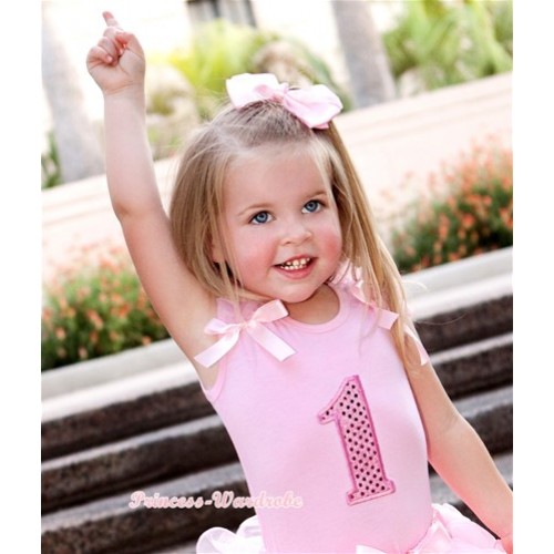 Light Pink Tank Top with 1st Sparkle Light Pink Birthday Number Print with Light Pink Ruffles & Light Pink Bow TP58 