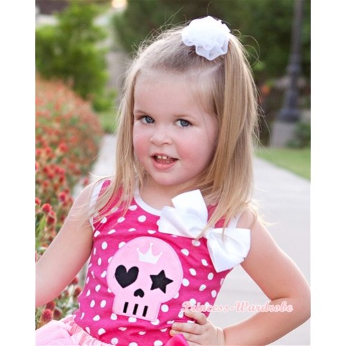 Halloween Hot Pink White Dots Tank Top with White Silk Bow & Light Pink Skeleton Print TP147 