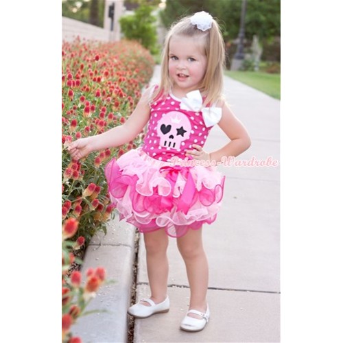 Halloween Hot Pink White Dots Tank Top With White Silk Bow & Light Pink Skeleton Print With Light Pink Bow Light Hot Pink Petal Pettiskirt MH078 