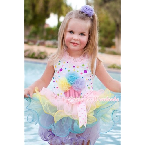 White Rainbow Dots Baby Pettitop with Light Pink Chiffon Lacing & Yellow Light Blue Lavender Rosettes Birthday Cake Print with Light Hot Pink Dots Bow Light Pink Rainbow Petal Baby Pettiskirt NP034 