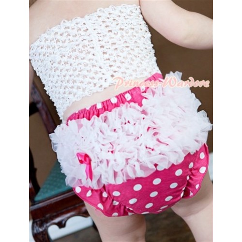 White Crochet Tube Top, White Ruffles Hot Pink White Polka Dot Panties Bloomers CT324 