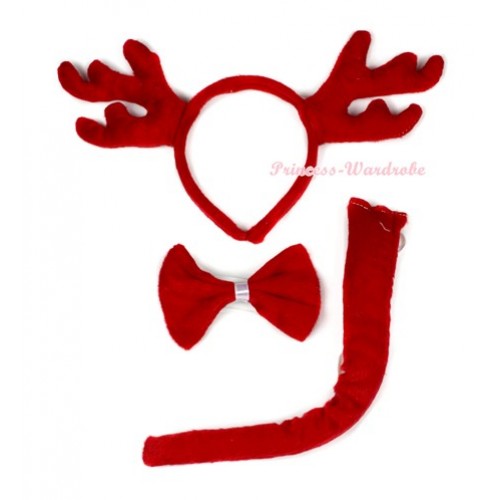 Xmas Hot Red Santa's Reindeers 3 Piece Set in Ear Headband, Tie, Tail PC028 