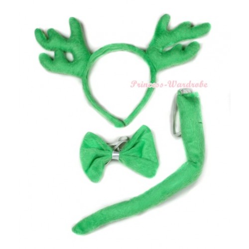 Xmas Green Santa's Reindeers 3 Piece Set in Ear Headband, Tie, Tail PC029 