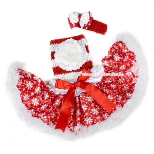 Xmas Red White Snowflakes Baby Pettiskirt,White Peony Red White Striped Crochet Tube Top,Red Headband White & Minnie Polka Dots Ribbon Bow 3PC Set CT624 