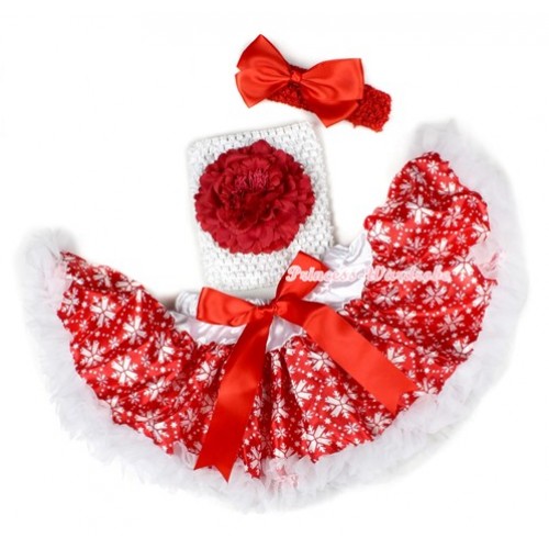 Xmas Red White Snowflakes Baby Pettiskirt,Red Peony White Crochet Tube Top,Red Headband Red Satin Bow 3PC Set CT625 