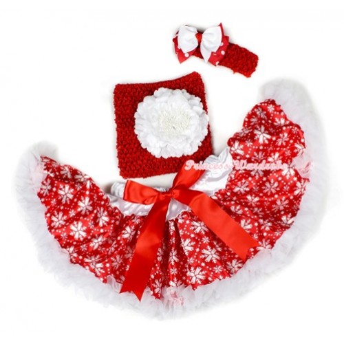 Xmas Red White Snowflakes Baby Pettiskirt,White Peony Red Crochet Tube Top,Red Headband White & Minnie Polka Dots Ribbon Bow 3PC Set CT626 