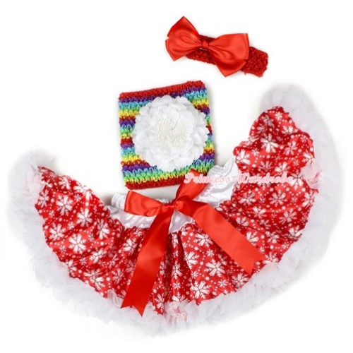 Xmas Red White Snowflakes Baby Pettiskirt,White Peony Passion Rainbow Crochet Tube Top,Red Headband Red Satin Bow 3PC Set CT627 
