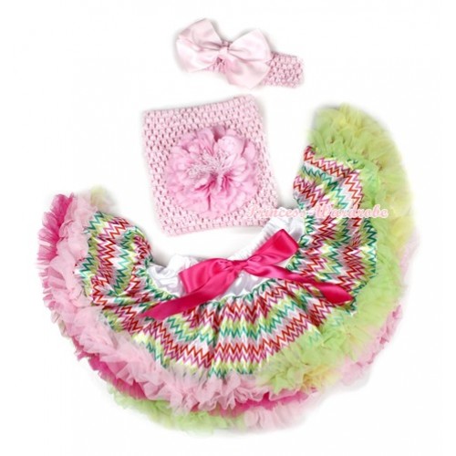 Rainbow Hot Light Pink Green Wave Baby Pettiskirt,Light Pink Peony Light Pink Crochet Tube Top,Light Pink Headband Light Pink Silk Bow 3PC Set CT628 