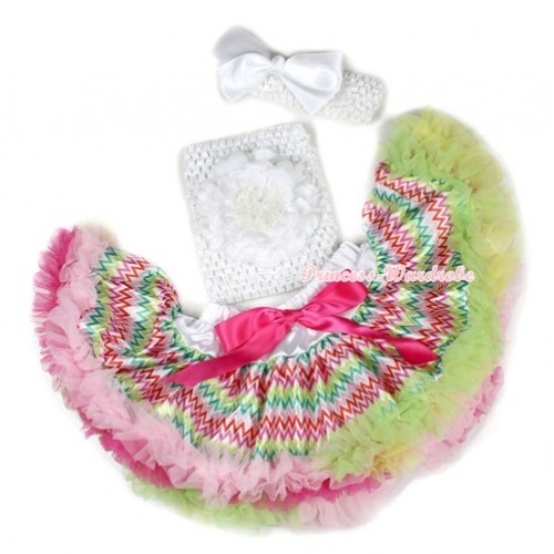 Rainbow Hot Light Pink Green Wave Baby Pettiskirt,White Peony White Crochet Tube Top,White Headband White Silk Bow 3PC Set CT629 
