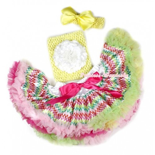 Rainbow Hot Light Pink Green Wave Baby Pettiskirt,White Peony Yellow Crochet Tube Top,Yellow Headband Yellow Silk Bow 3PC Set CT631 