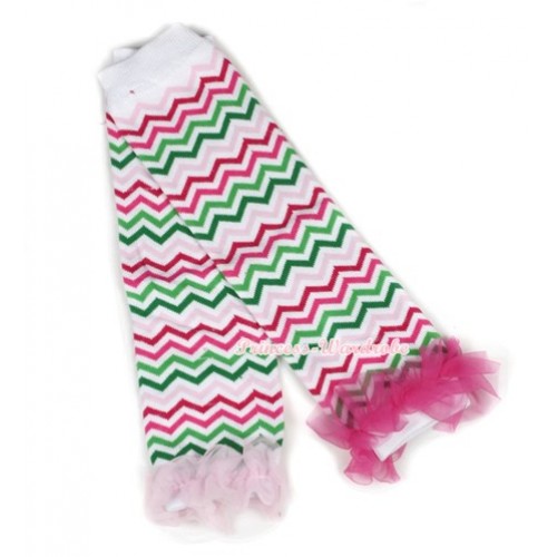 Newborn Baby Rainbow Wave Leg Warmers Leggings With Light Pink & Hot Pink Ruffles LG239 