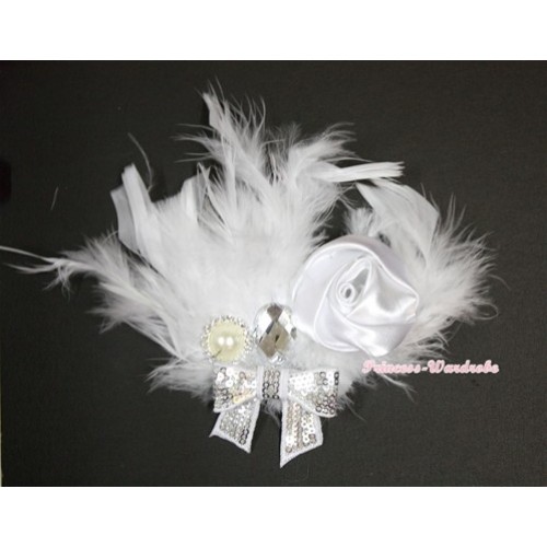 Pure White Posh Crystal Satin Rose Sparkle Bow Feather Hair Clip H736 