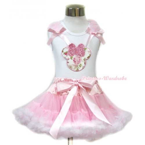 White Tank Top with 1st Sparkle Light Pink Rose Minnie Print with Light Pink Ruffles & Light Pink Bow & Light Pink White Pettiskirt MG701 