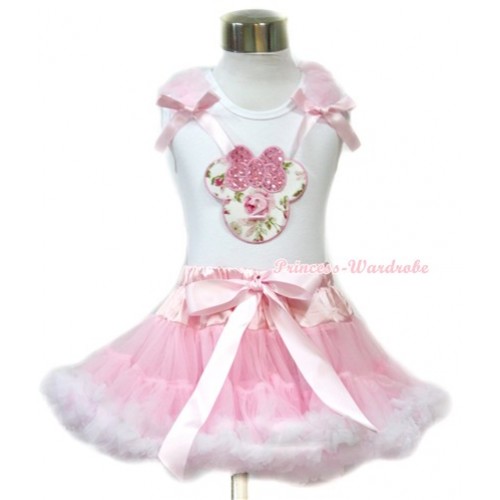 White Tank Top with 2nd Sparkle Light Pink Rose Minnie Print with Light Pink Ruffles & Light Pink Bow & Light Pink White Pettiskirt MG702 