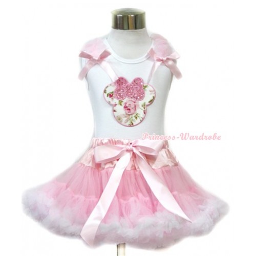 White Tank Top with 3rd Sparkle Light Pink Rose Minnie Print with Light Pink Ruffles & Light Pink Bow & Light Pink White Pettiskirt MG703 
