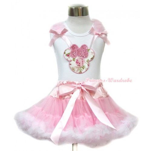 White Tank Top with 4th Sparkle Light Pink Rose Minnie Print with Light Pink Ruffles & Light Pink Bow & Light Pink White Pettiskirt MG704 