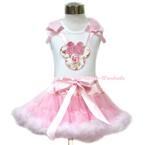White Tank Top with 5th Sparkle Light Pink Rose Minnie Print with Light Pink Ruffles & Light Pink Bow & Light Pink White Pettiskirt MG705 