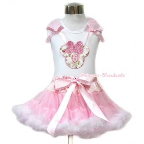 White Tank Top with 6th Sparkle Light Pink Rose Minnie Print with Light Pink Ruffles & Light Pink Bow & Light Pink White Pettiskirt MG706 
