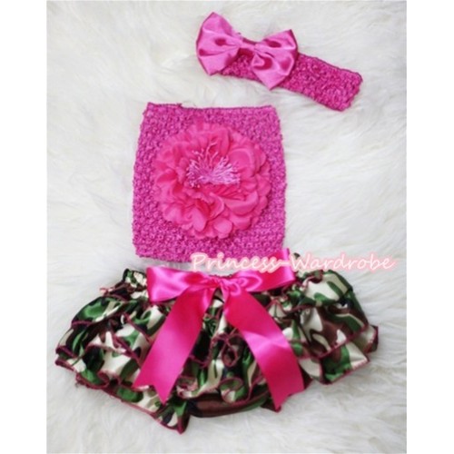 Camouflage Patterns Layer Panties Bloomer with Hot Pink Peony Hot Pink Crochet Tube Top and Bow Headband 3PC Set CT262 