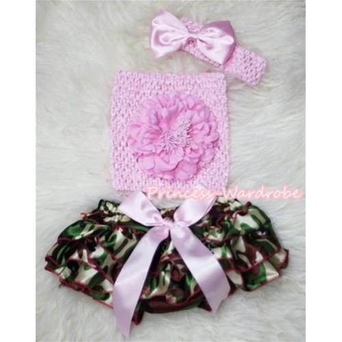 Camouflage Patterns Layer Panties Bloomer with Light Pink Peony, Crochet Tube Top and Bow Headband 3PC Set CT264 
