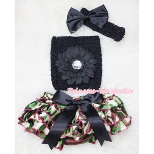 Camouflage Patterns Layer Panties Bloomer with Black Flower, Crochet Tube Top and Bow Headband 3PC Set CT265 