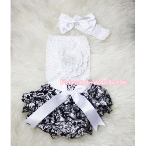 Damask Layer Panties Bloomer with Pure White Peony, Crochet Tube Top and Bow Headband 3PC Set CT267 