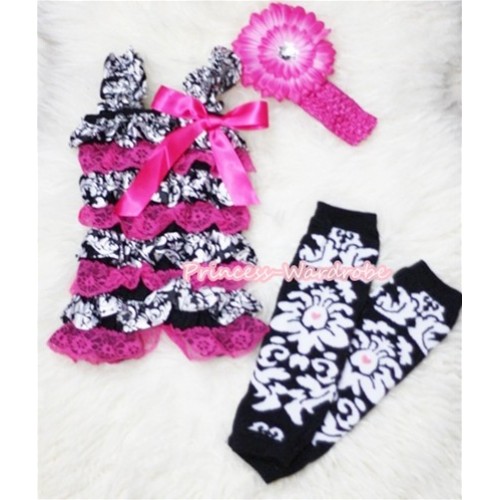 Damask Hot Pink Layer Chiffon Romper and Leg Warmer with Hot Pink Bow & Straps with Headband Set RH71 