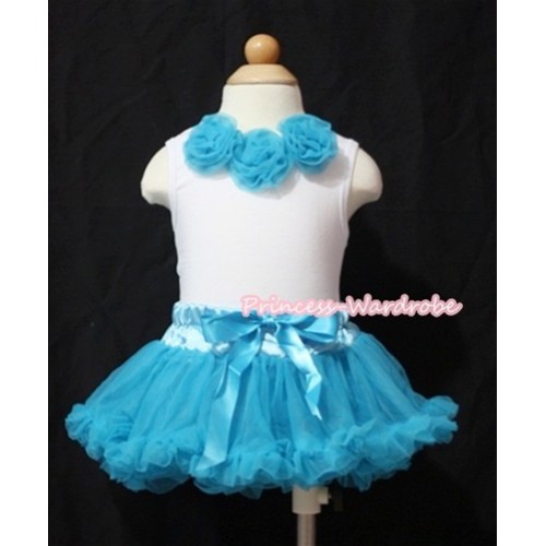 White Baby Pettitop & Peacock Blue Rosettes with Peacock Blue Baby Pettiskirt NG532 