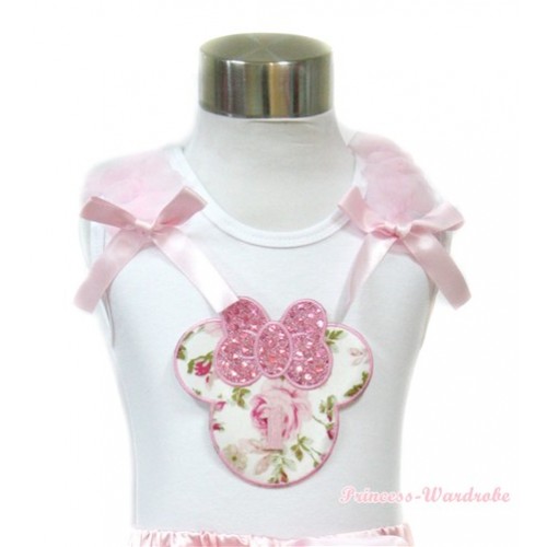 White Tank Top With 1st Light Pink Rose Minnie Print with Light Pink Ruffles & Light Pink Bow TB426 