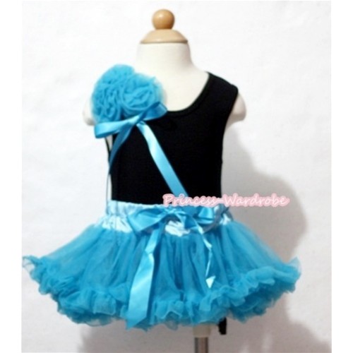 Black Baby Pettitop & Bunch of Peacock Blue Rosettes & Ribbon with Peacock Blue Baby Pettiskirt NG421 