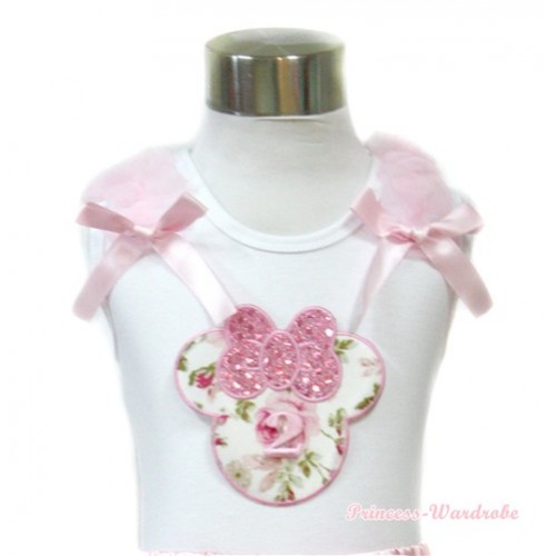 White Tank Top With 2nd Light Pink Rose Minnie Print with Light Pink Ruffles & Light Pink Bow TB427 