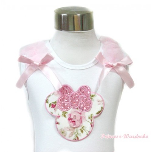 White Tank Top With 3rd Light Pink Rose Minnie Print with Light Pink Ruffles & Light Pink Bow TB428 