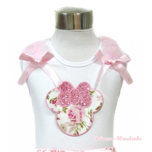 White Tank Top With 4th Light Pink Rose Minnie Print with Light Pink Ruffles & Light Pink Bow TB429 
