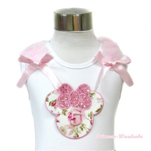 White Tank Top With 5th Light Pink Rose Minnie Print with Light Pink Ruffles & Light Pink Bow TB430 