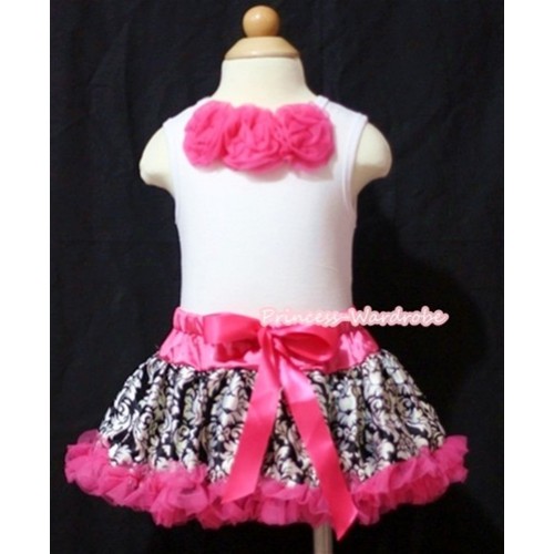White Baby Pettitop & Hot Pink Rosettes with Hot Pink Damask Baby Pettiskirt NG533 