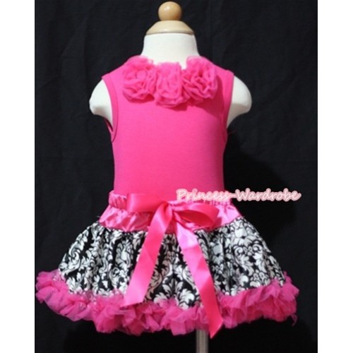 Hot Pink Baby Pettitop & Hot Pink Rosettes with Hot Pink Damask Baby Pettiskirt NG512 