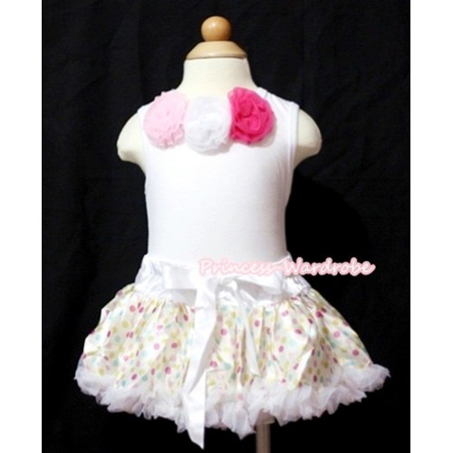 White Baby Pettitop & Light Pink White Hot Pink Rosettes with White Rainbow Polka Dots Baby Pettiskirt NG534 