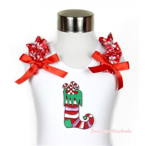 Xmas White Tank Top With Christmas Stocking Print with Red Snowflakes Ruffles & Red Bow TB437 