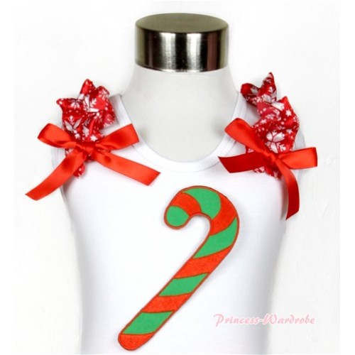Xmas White Tank Top With Christmas Stick Print with Red Snowflakes Ruffles & Red Bow TB438 